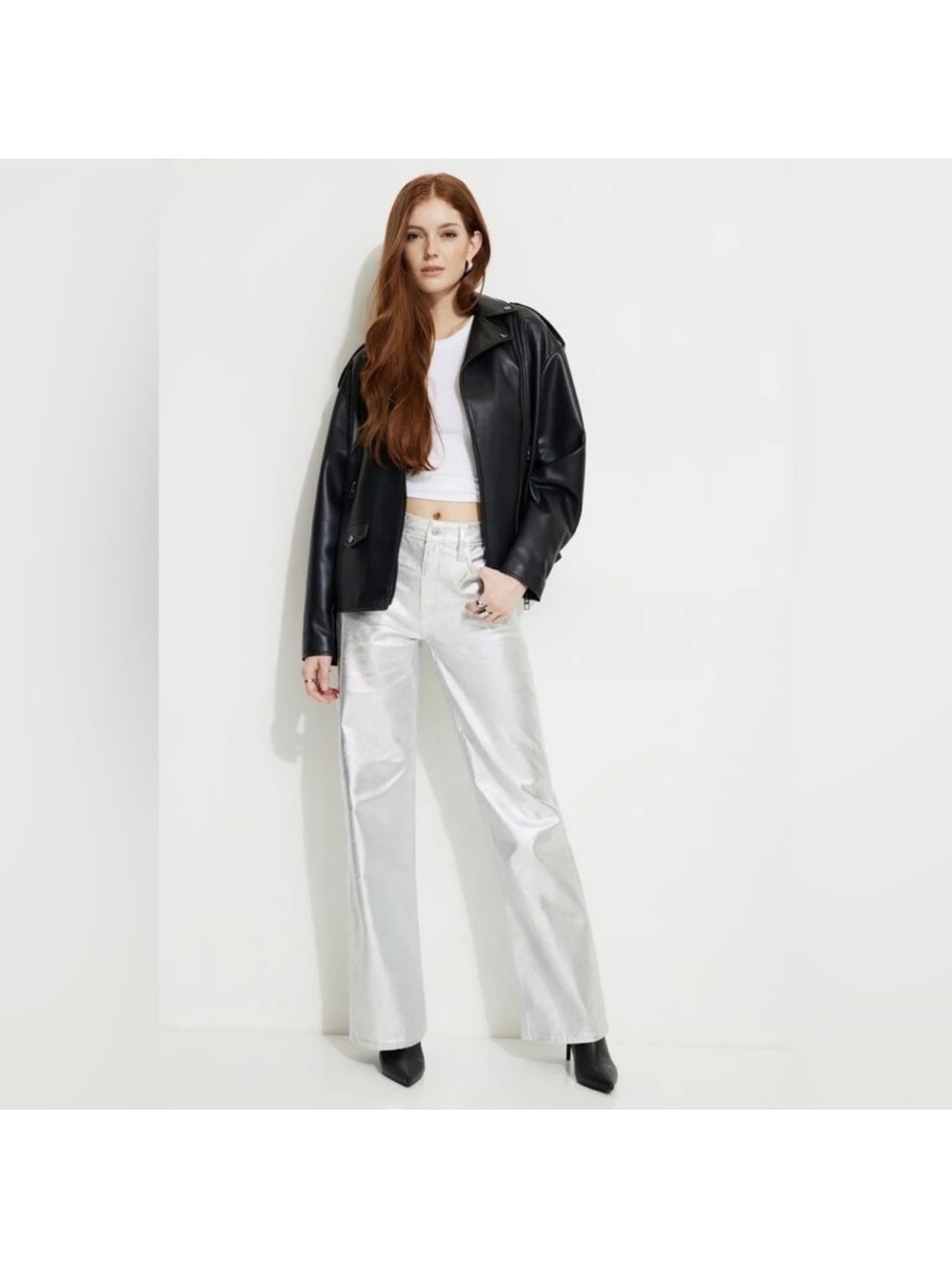Dynamite Metallic Silver Wide-Leg Jeans